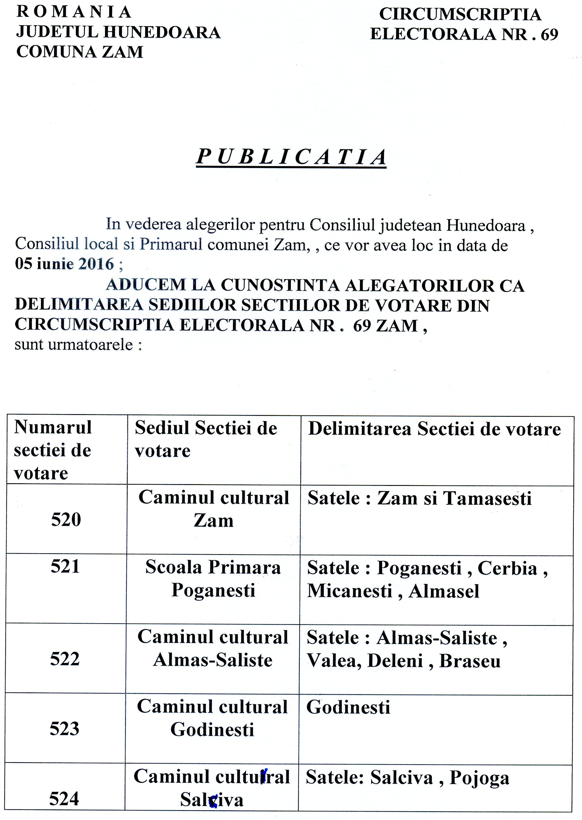 Delimitare sedii sectii votare Comuna Zam - 05 iunie 2016 - Consiliul jud. HD